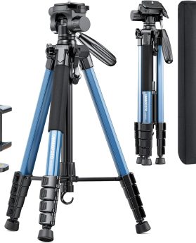 74"-Camera-Tripod, Navy Blue Professional Aluminum Heavy Duty Tripod Stand for Mirrorless Camera/DSLR/Cell Phone/Camcorder, with Holder and Travel Bag