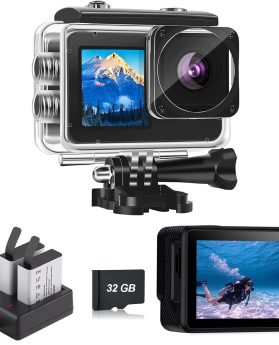 Action Camera with 32GB Memory Card Waterproof Cameras 4*Zoom Dual Screen 131FT(40m) Waterproof Underwater Camera with 2X Batteries and Multifunctional Accessories Action Cam